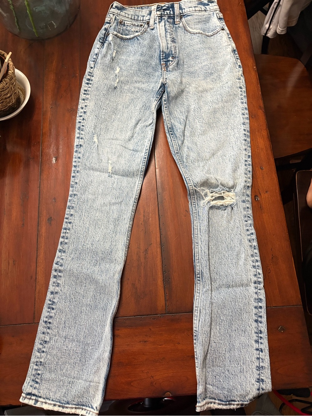 Abercrombie & Fitch Light Blue Straight Leg Jeans with Distressed Knee